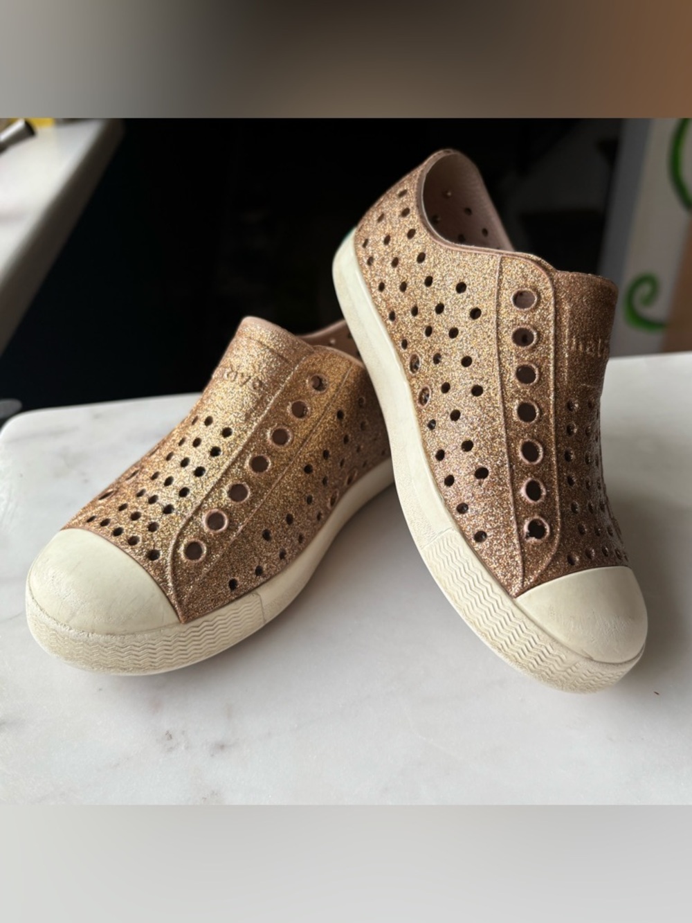 Girls glitter rose gold Native shoes 9